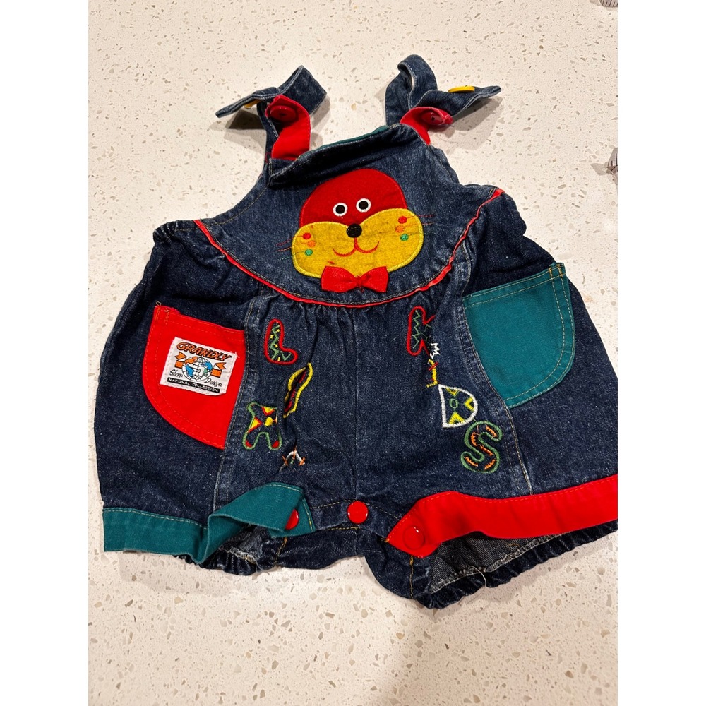 Vintage 1994 Lyra Denim Shortalls Animal Patch Embroidered 12M Blue Red 90s